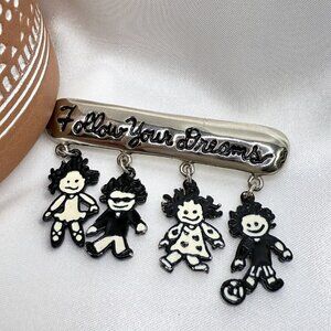 Vintage 90s MARCI Follow Your Dreams Brooch Pin Silver Tone Enamel Charms 2.5"
